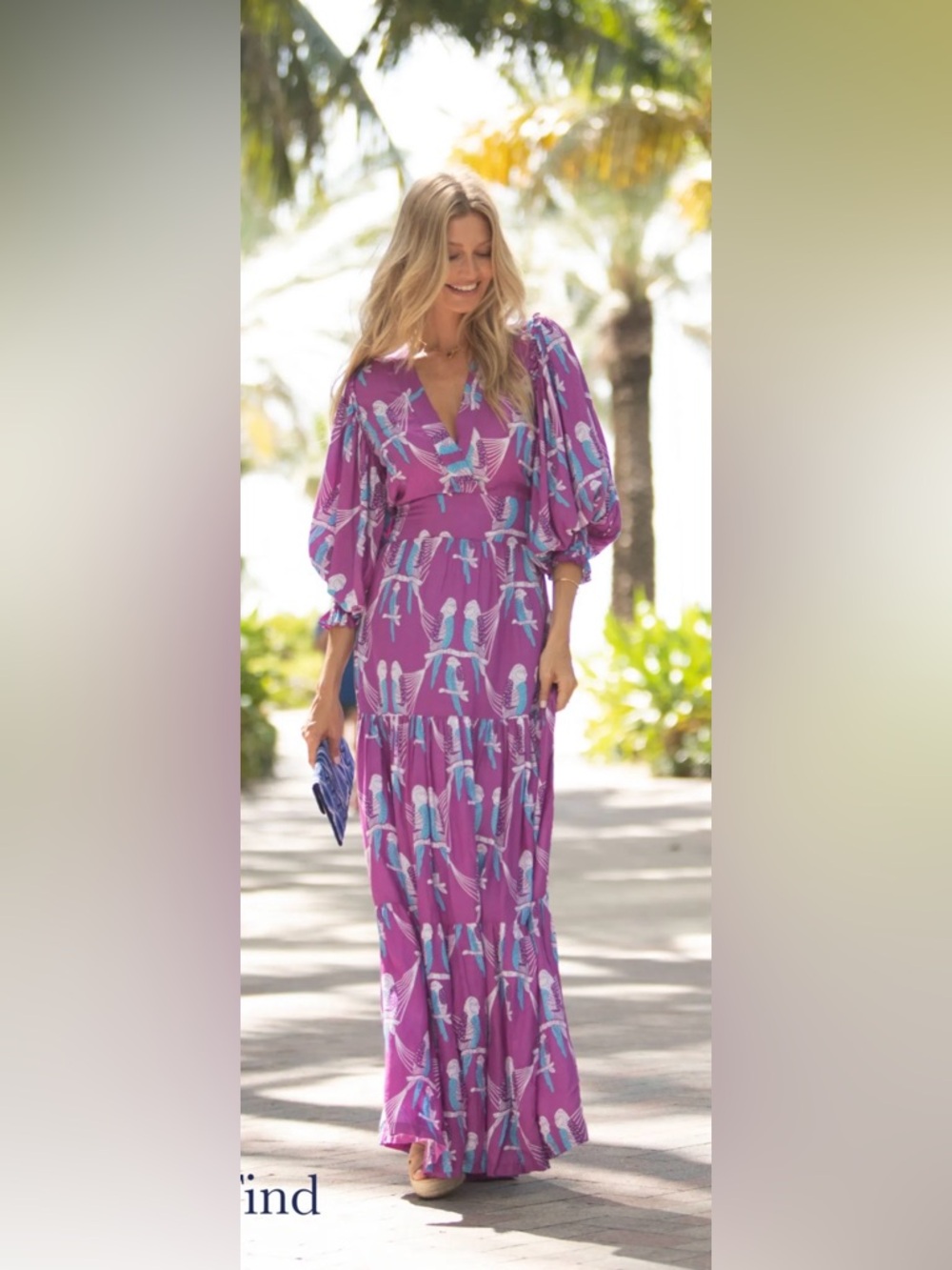 Feather & Find Purple Printed V-Neck Maxi Dress with Balloon Sleeves size M